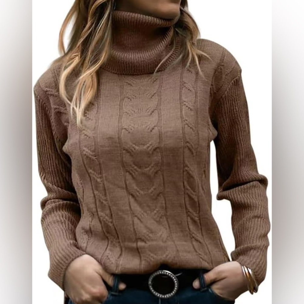 Women's Brown Cable Knit Turtleneck Sweater